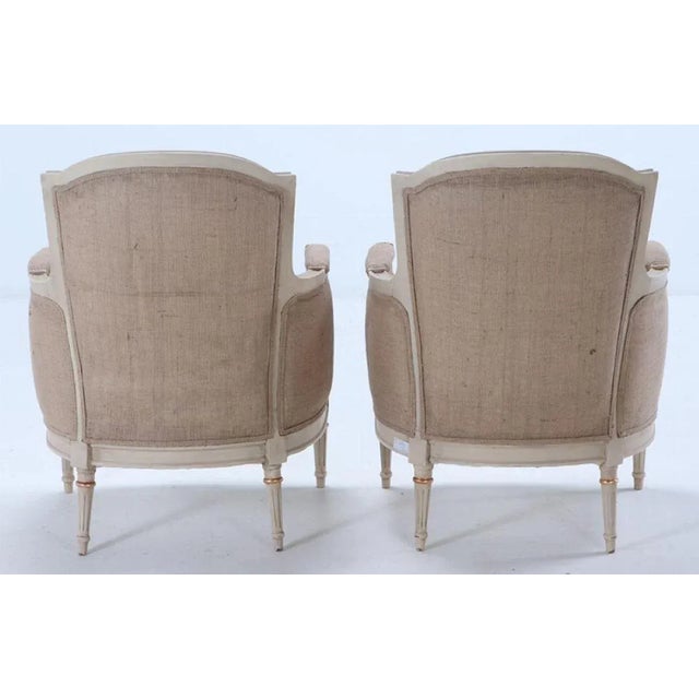 Wood Painted and Gilt Louis XVI Style Bergere Chairs Circa 1950 With Recent Burlap Fabric. For Sale - Image 7 of 7