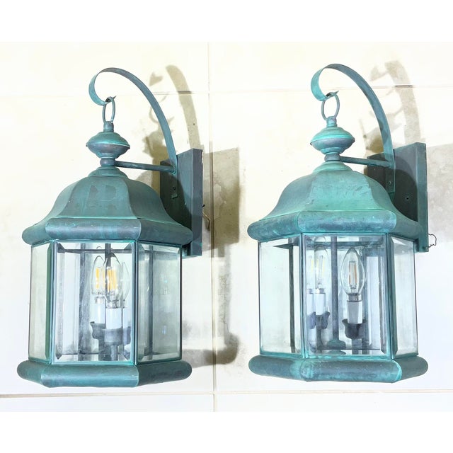 Green Pair of Solid Brass Outdoor Wall Lantern Sconces – Vintage Aged Verdigris For Sale - Image 8 of 15