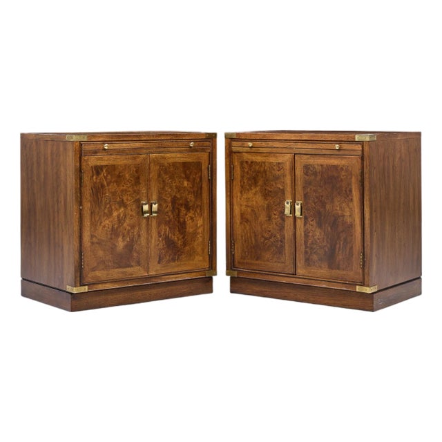 Hickory Manufacturing Mid Century Burlwood and Brass Nightstands - Pair For Sale