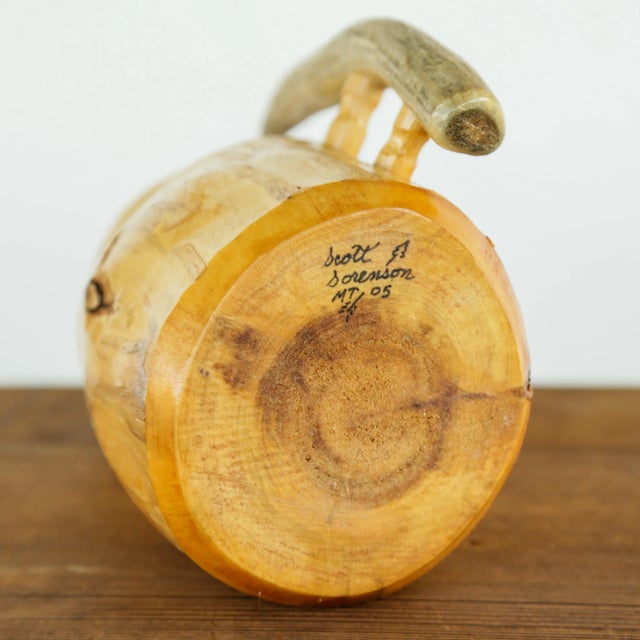 Rustic Handcarved Decorative Wooden Tankard With Antler Handle - Montana Artisan Signed 2005 For Sale - Image 9 of 13