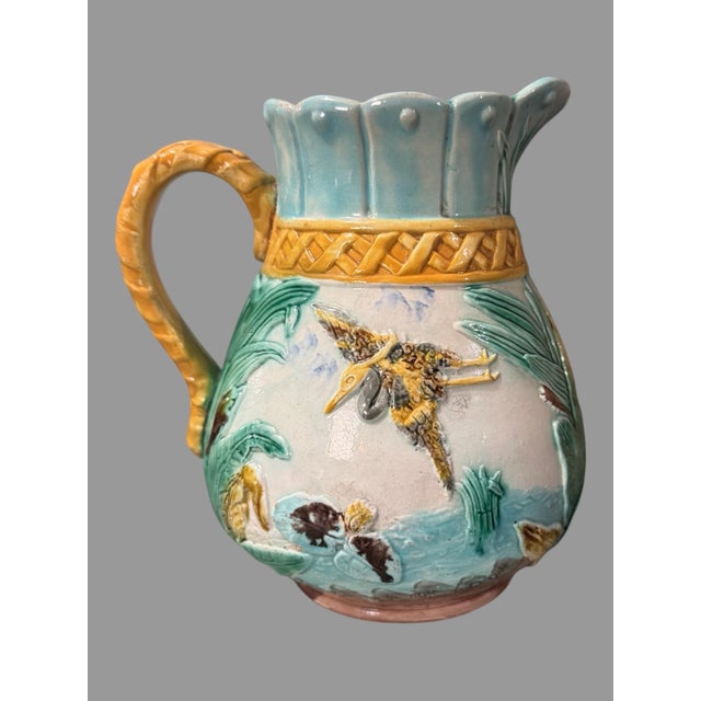 Ceramic Antique Victorian Majolica 7.5" Pitcher With Heron Flying Over a Pond Setting For Sale - Image 7 of 12