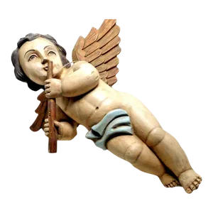19thc Antique Large Italian Hand Carved and Polychromed Cherub/ Angel/ Putti Playing His Instrument Sculpture