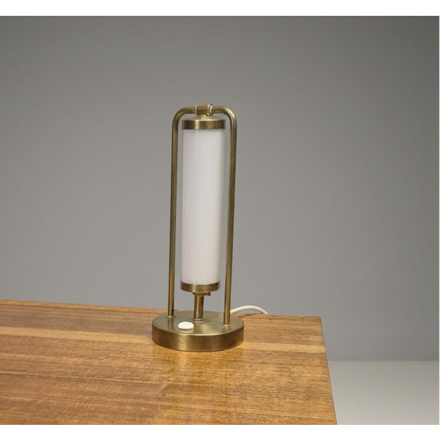 Metal Bauhaus Table Lamp in Brass & Opaline Glass, Czech Republic, 1930s For Sale - Image 7 of 8