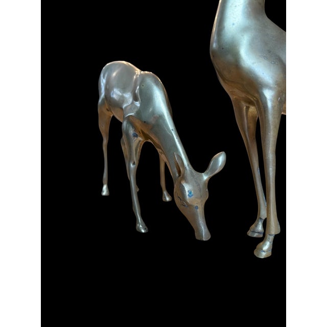 Large Vintage Patina Brass Pair Deer Buck Doe For Sale - Image 4 of 9