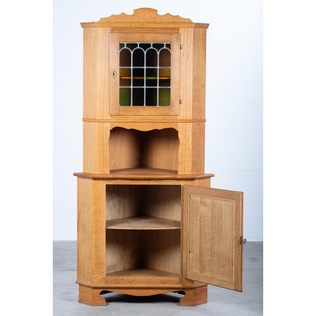 Wood Danish Brutalist Oak Corner Cabinet with Leaded Glass, 1960s For Sale - Image 7 of 9
