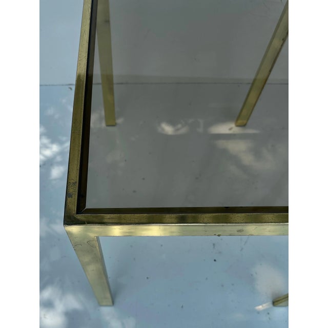 Milo Baughman Style Side Brass and Smoke glass side table - A Pair For Sale - Image 9 of 10