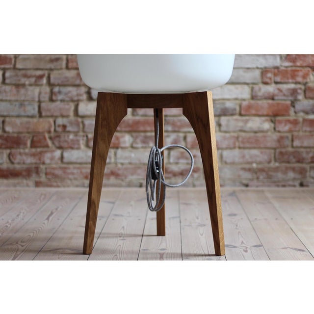 Mid-Century Modern Space Age Floor Lamp with White Glass Lampshade and Wooden Tripod Base, 1960s For Sale - Image 3 of 8