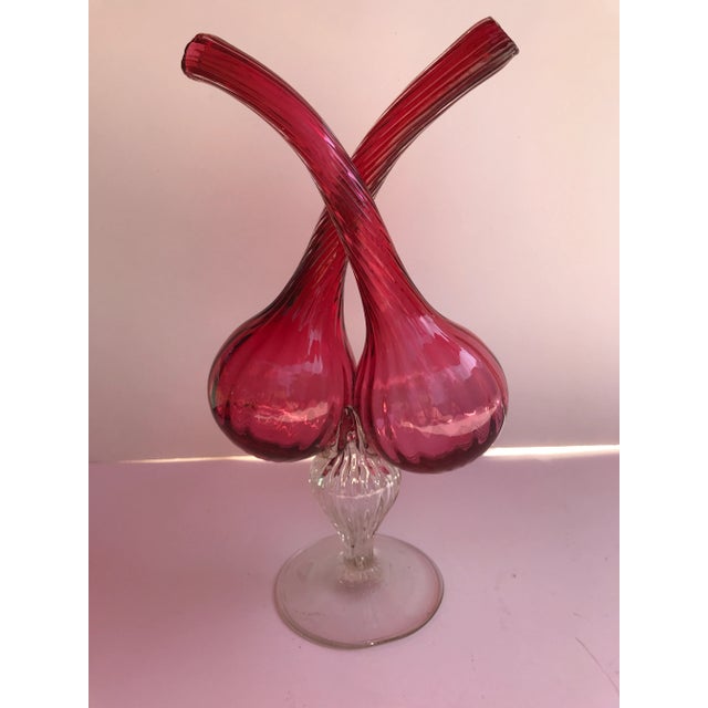 Red Mid 20th Century Italian Cranberry & Clear Hand Blown Glass Footed Duo-Vase For Sale - Image 8 of 10