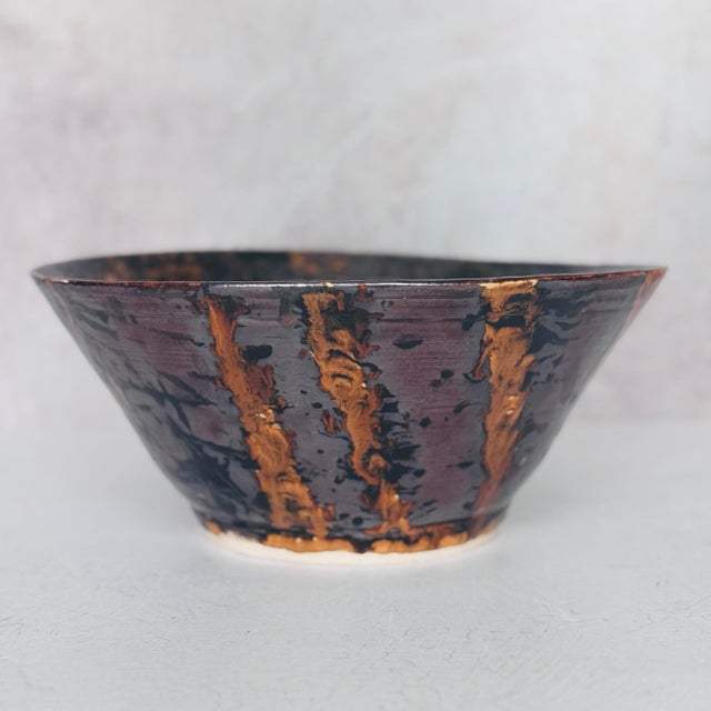 2010s Signed Studio Pottery Bowl | j.a. Ridley 2013 | Drip Glaze Stoneware | Bronze & Black Oil-Spot Glaze | Large Centerpiece Bowl For Sale - Image 5 of 12