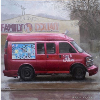 Candys by Brad Davis | Oil on Wood Panel Red ice cream van parked in front of a store. For Sale