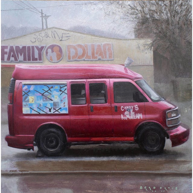 Candys by Brad Davis | Oil on Wood Panel Red ice cream van parked in front of a store. For Sale