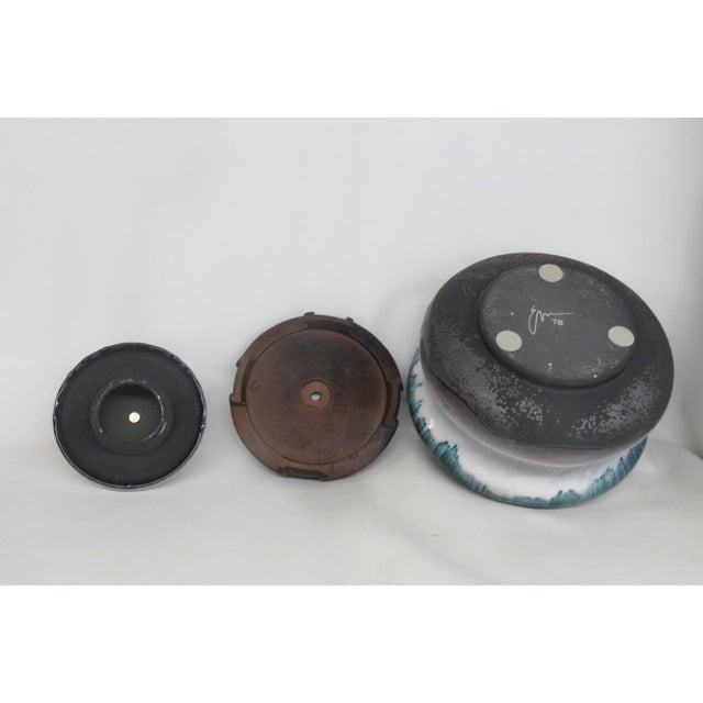 1960s Tony Evans Raku Pottery Lidded Jar Drip Glaze Finish With Wood Display 4840b For Sale - Image 5 of 18