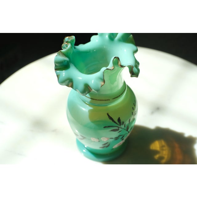 Mid-Century Modern Fenton Art Glass Ruffle Rim Bud Vase Hand Painted Florals For Sale - Image 3 of 6