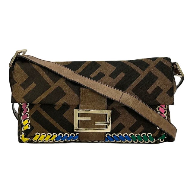 Fendi Zucca Canvas Rainbow Whipstitch XL Baguette For Sale