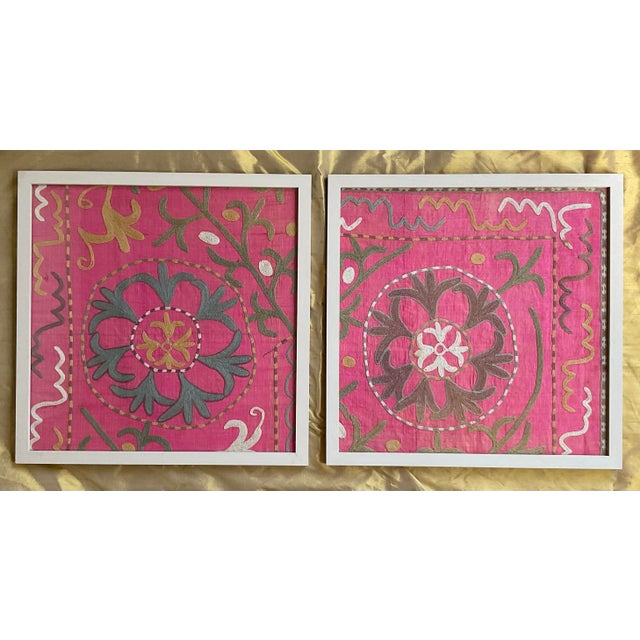 Exquisite Pair of Hand-Embroidered Antique Silk Suzani Framed Silk-on-Silk For Sale - Image 13 of 14