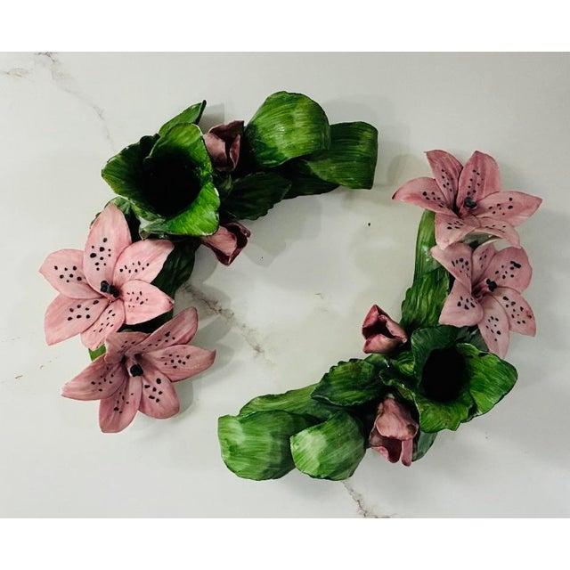Great Italian hand painted pink & green flowers candle holders. Made of porcelain & ceramic the perfect touch for a center...