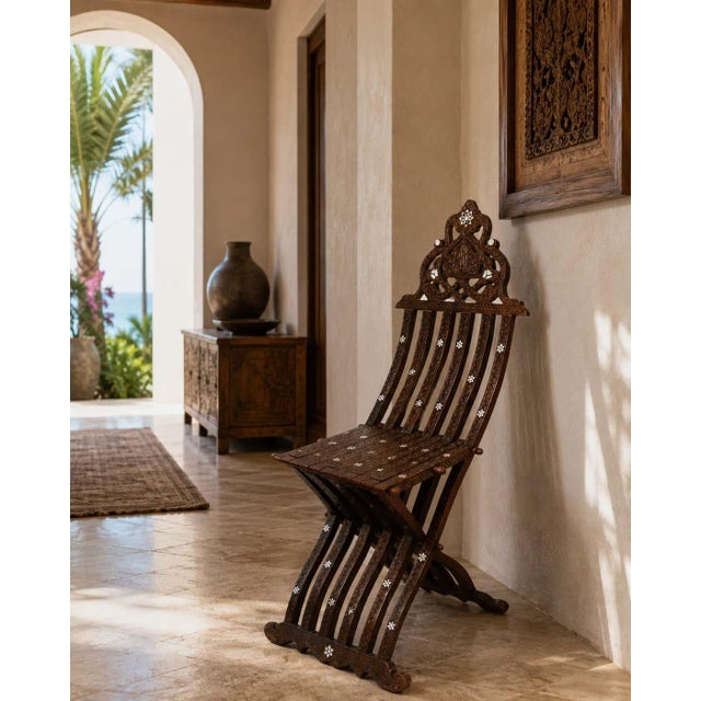 Brown Antique Moorish Folding Chair with Mother-of-Pearl Inlay, Middle Eastern For Sale - Image 8 of 15
