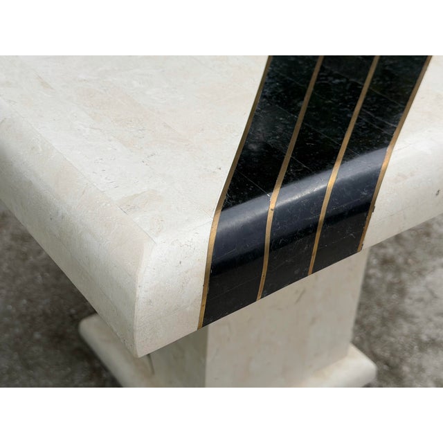 Wood 1990 Postmodern Tessellated Marble and Brass Inlaid Accent Table For Sale - Image 7 of 11