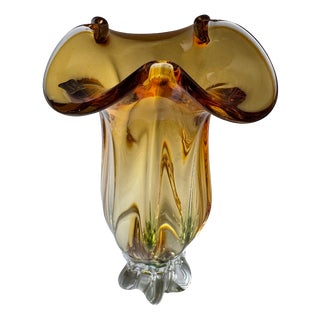 Bohemian Sculptural Amber Art Glass Vase with Folded Rim and Green Base from Egermann, Former Czechoslovakia, 1980s For Sale