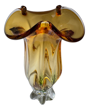 Bohemian Sculptural Amber Art Glass Vase with Folded Rim and Green Base from Egermann, Former Czechoslovakia, 1980s