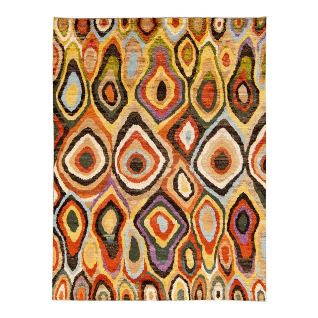Beige Modern Moroccan Style Handmade Multicolor Abstract Motif Wool Rug For Sale
