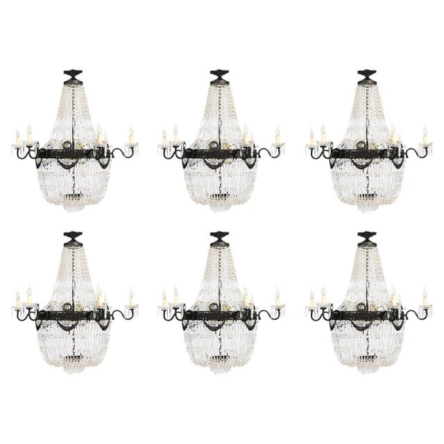 This is a beautiful set of six Louis Revival 14 Light Ballroom Cut Crystal and Bronze Tent Chandeliers, circa 1920 in...