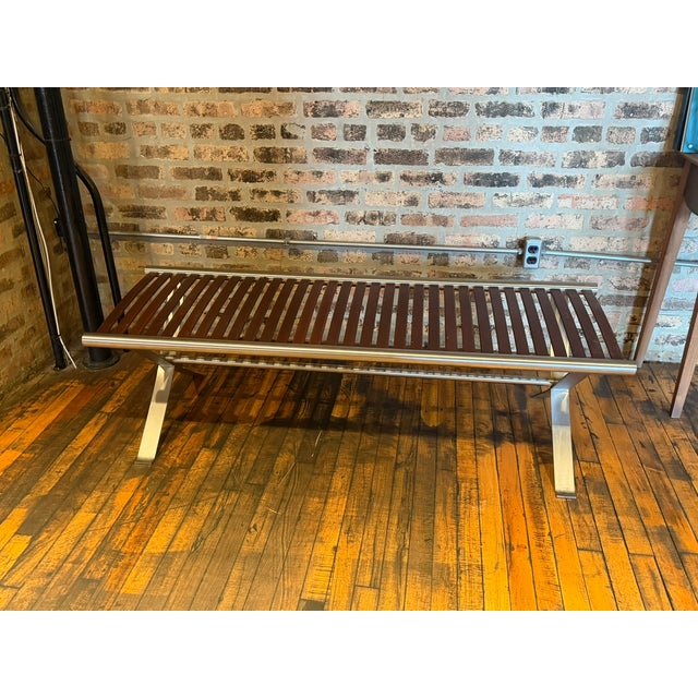 One‑of‑a‑Kind Mahogany Slatted Bench – Custom Brushed Steel Frame Modern Industrial Design For Sale In Chicago - Image 6 of 12