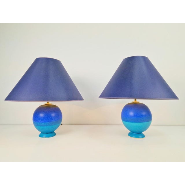 Vintage Blue Ceramic Sphere Table Lamps, 1970s, Set of 2 For Sale - Image 10 of 10