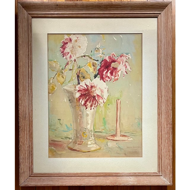 Art Deco 1930s Marie Anna Bommer (American 1905 - 1996) Art Deco Watercolor Floral Still Life Painting of Peonies in a Vase For Sale - Image 3 of 12