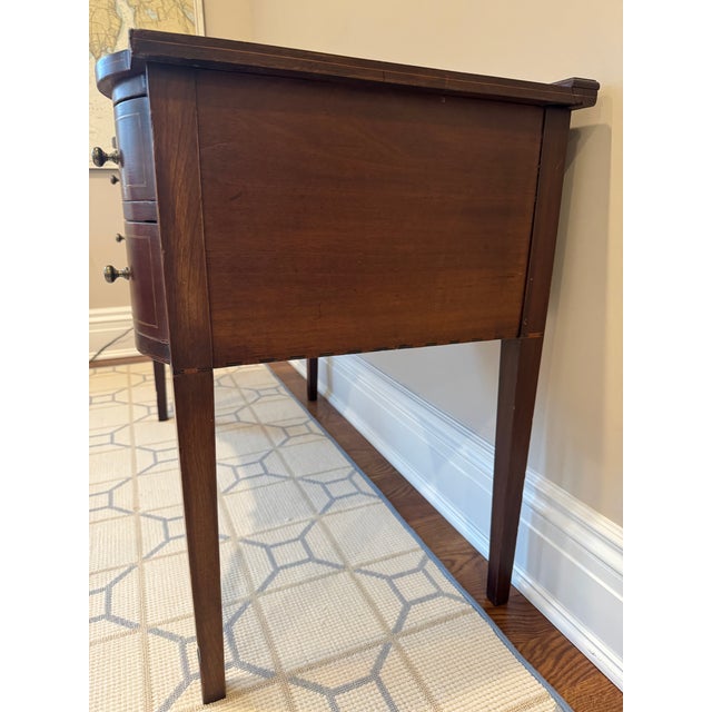 Antique Mahogany Writing Desk Potthast Bros – Bow Front, Inlaid Details, Excellent Character For Sale - Image 14 of 18