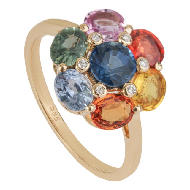 3.21 Carat Rainbow Sapphire and Diamond Floral Cluster Ring Size 6 in 14k Gold For Sale