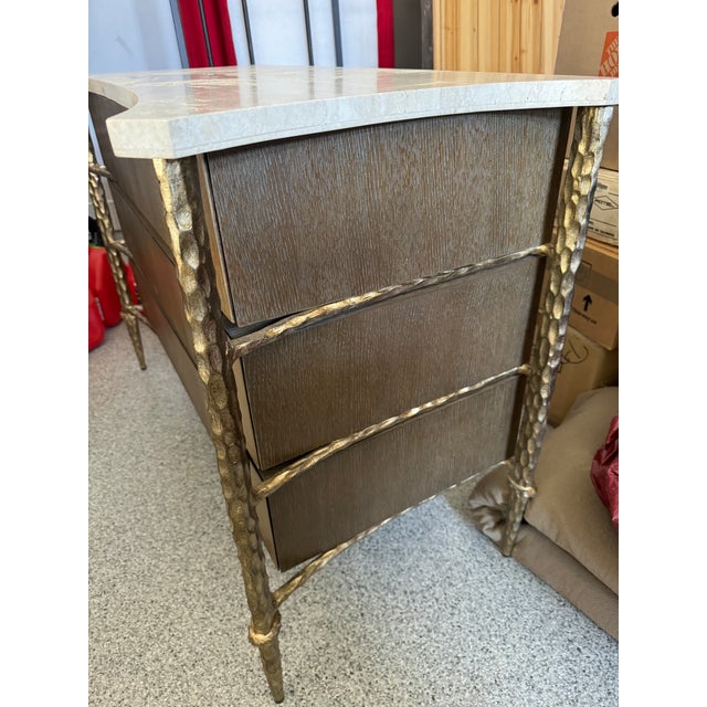 Beautiful light brown wood dressers with stone tops and frames in antique silver (has slight gold cast) metal frame....
