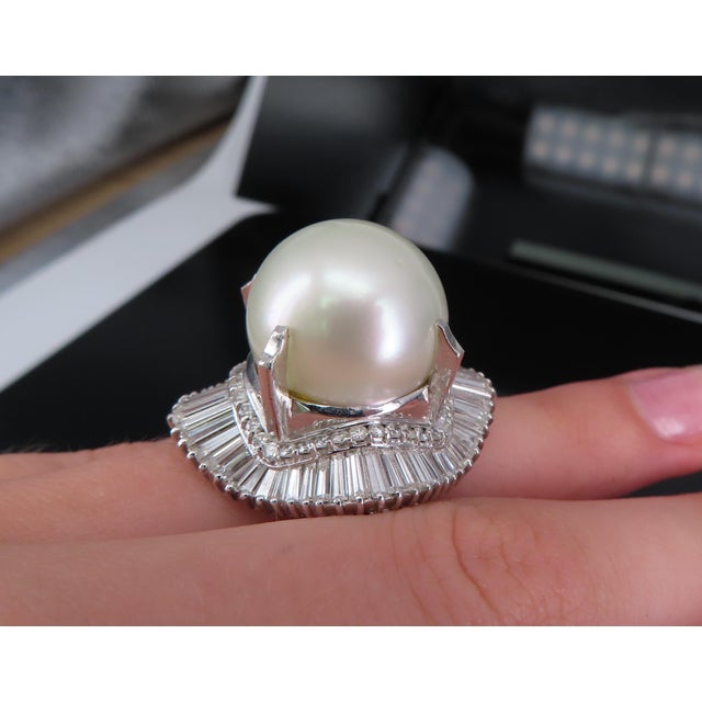 Late 20th Century Rare 18mm South Seas Pearl & 3.63ct Diamond Platinum Ring, 32gr Size 5.75 For Sale - Image 10 of 18