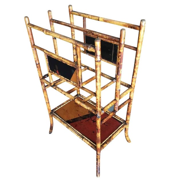 Victorian Antique Restored Aesthetic Movement Large Two-Tier Tiger Bamboo Magazine Rack With Divider For Sale - Image 3 of 8