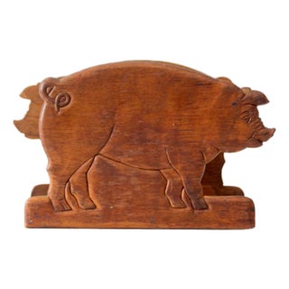 Vintage Folk Art Carved Wooden Pig Napkin Holder For Sale
