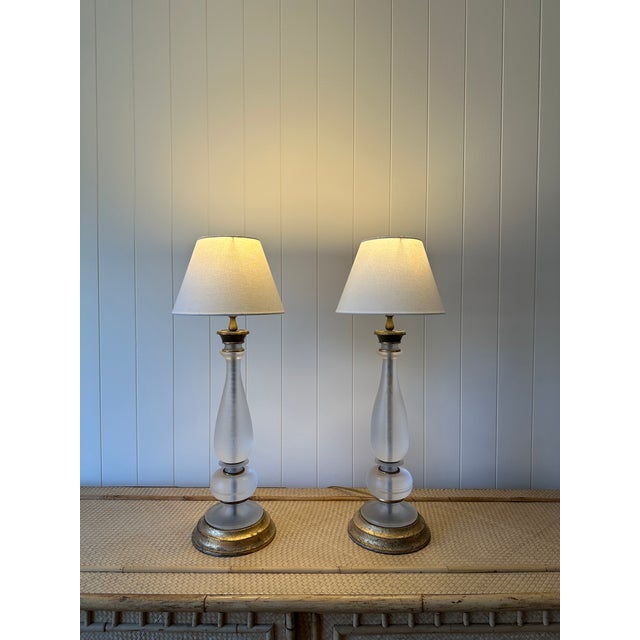 Vintage Pair of Frosted Glass Table Lamps With Brass Bases For Sale In Greensboro - Image 6 of 11
