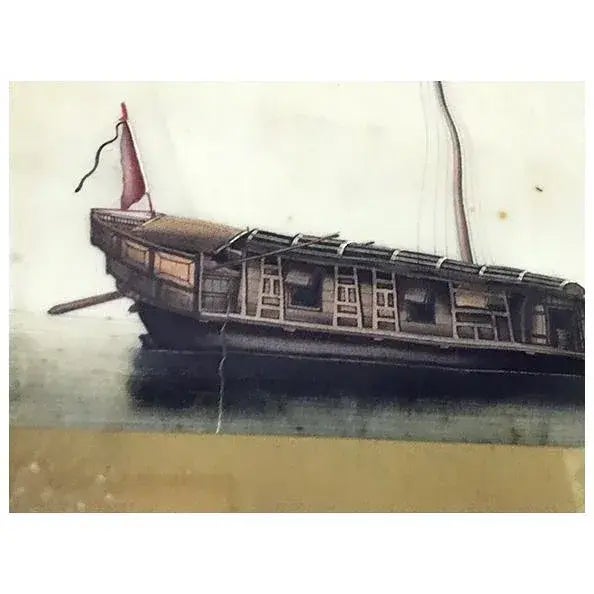 Taupe 19th Century Chinese Pith Paper Nautical Paintings, Set of 3 For Sale - Image 8 of 10