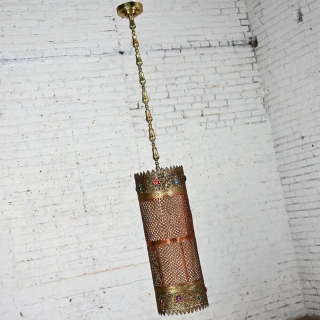 Magnificent vintage Moroccan or Moorish style embossed & pierced hand-crafted copper & brass pendant light fixture with...