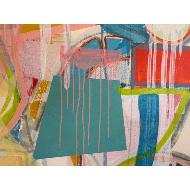 Teal Large Contemporary Abstract Acrylic Painting – Teal, Coral & Yellow Drip Expressionism For Sale - Image 8 of 10