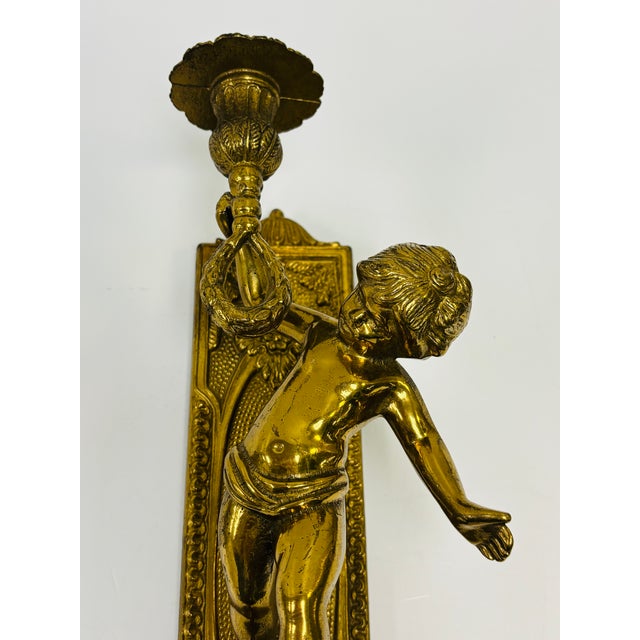 Pair of Antique Baroque Gilded Bronze Angel Sconces, France, 1920s (2) For Sale In Raleigh - Image 6 of 11