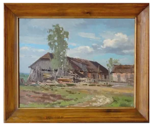 Alfejs Bromults, In Village Courtyard, 1976, Oil on Cardboard