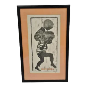 Vintage Helen Siegl "Piggy Back" 1950s Woodcut Print Framed Mid Century Art