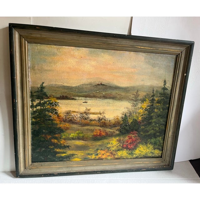 A very nice 1953 oil on board Hudson Valley landscape painting with the river in the background. Signed at lower right...