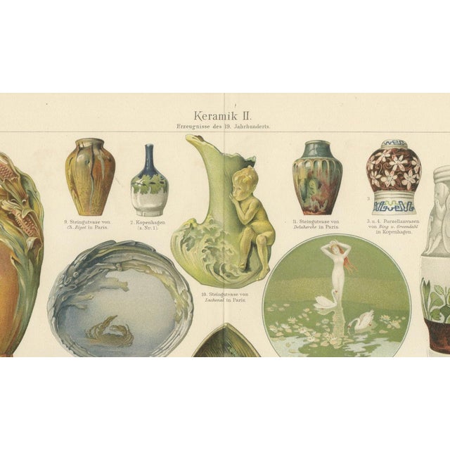 This attractive pair of original chromolithographs illustrates the history and artistic development of ceramics from the...