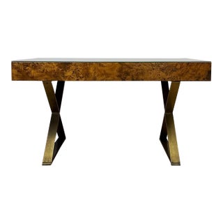 Vintage John Stuart MCM Burlwood Executive Desk Bronze Legs Glass Top Collectable For Sale