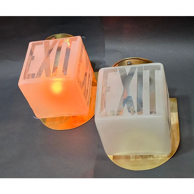 Vintage Art Deco Light Old Lamp Wall Sconces Fixture Brass & Exit Frosted Cube Glass Shade Lamp Ship Light - a Pair For Sale - Image 4 of 5