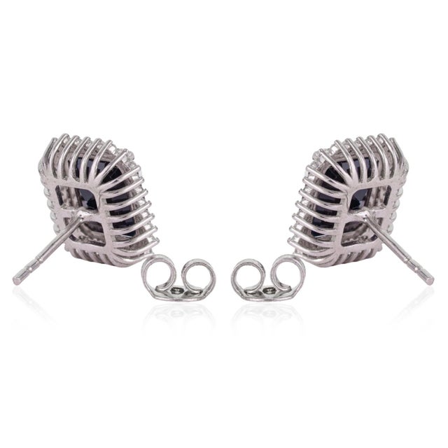 Metal 8.3 Ct Art Deco Octagon Cut Blue Sapphire & Diamond Halo Stud Earrings - A Pair For Sale - Image 7 of 13