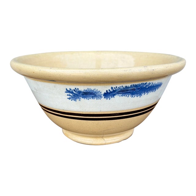 Antique English Yellowware Mixing Bowl With Blue Seaweed Decoration, Circa 1840s For Sale