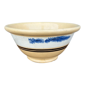 Antique English Yellowware Mixing Bowl With Blue Seaweed Decoration, Circa 1840s