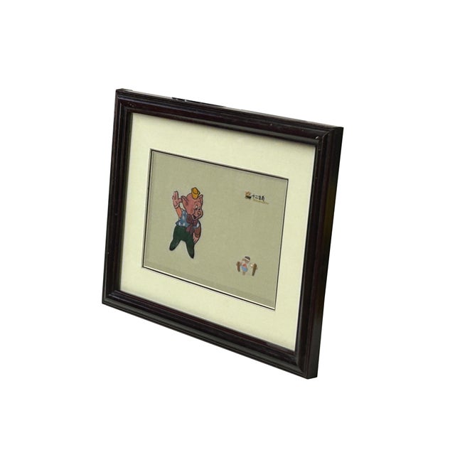 Abstract Vintage Embroidery Piggy Rectangular Framed Art For Sale - Image 3 of 8
